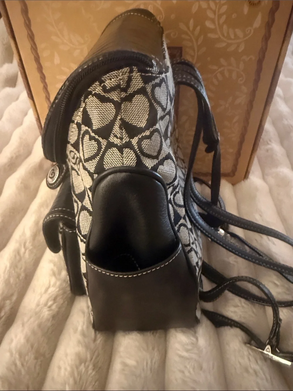 Brighton Black Heart-Pattern Backpack with Croc-Textured Trim